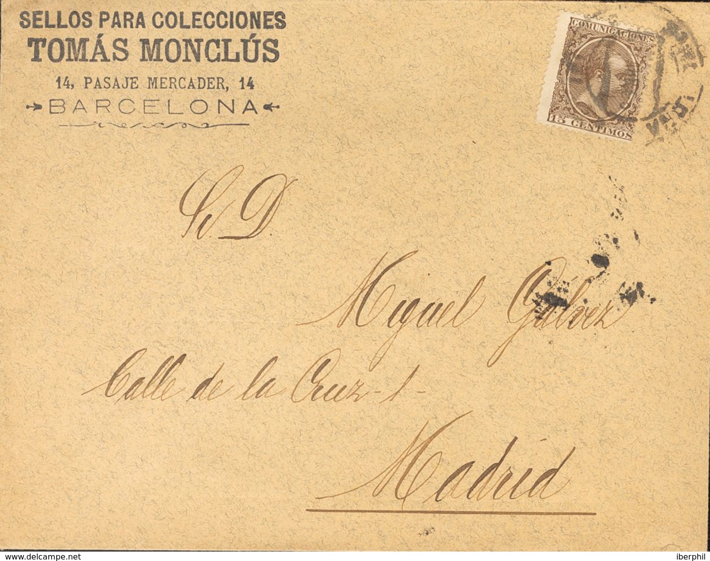 Sobre 215(3). 1896. 5 Cts Azul, Tres Sellos. BARCELONA A MADRID. En El Frente Marca Del Comercinate Filatélico Tomás Mon - Other & Unclassified