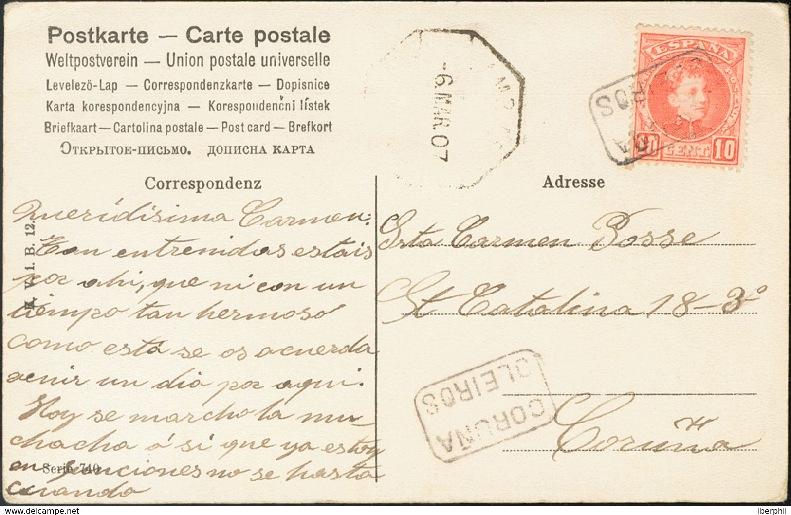 Sobre 243. 1907. 10 Cts Rojo. Tarjeta Postal De OLEIROS A LA CORUÑA. Matasello Cartería CORUÑA / OLEIROS. MAGNIFICA Y RA - Altri & Non Classificati