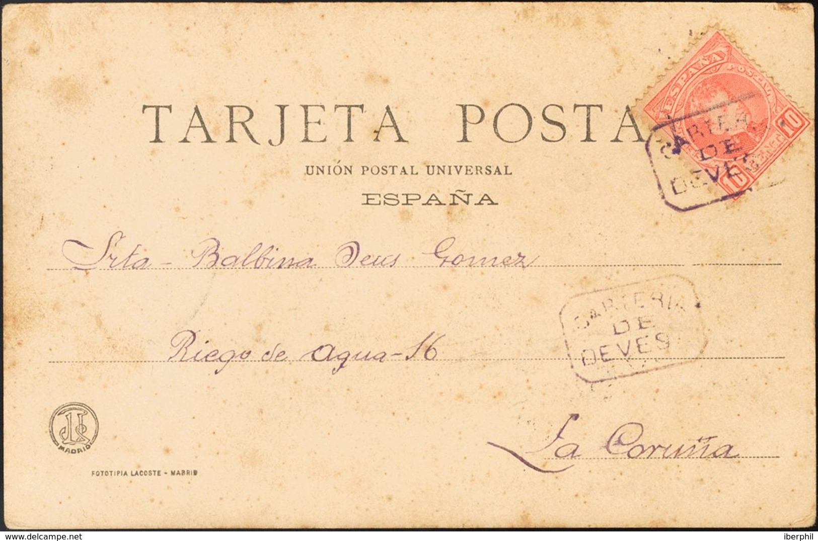 Sobre 243. 1905. 10 Cts Rojo. Tarjeta Postal De DEVESA (LUGO) A LA CORUÑA. Matasello CARTERIA / DE / DEVESA, En Violeta. - Sonstige & Ohne Zuordnung