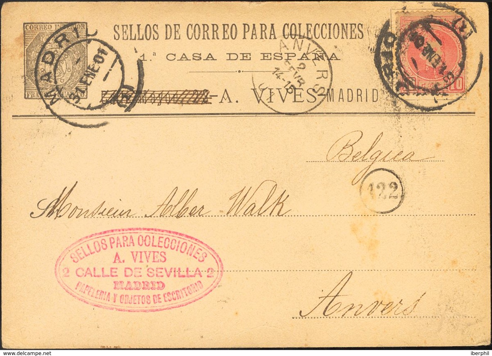 Sobre 243. 1901. 10 Cts Rojo. Tarjeta Postal Con Membrete Del Comerciante Filatélico A.Vives De MADRID A AMBERES (BELGIC - Altri & Non Classificati