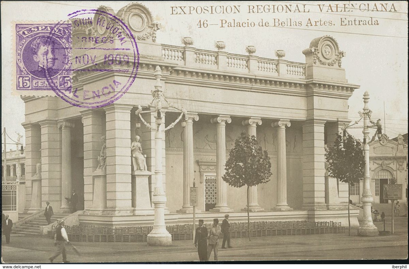 Sobre 246. 1909. 15 Cts Violeta Sobre Tarjeta Postal Ilustrada De La Exposición Regional Valenciana (incluye Viñeta Del  - Altri & Non Classificati