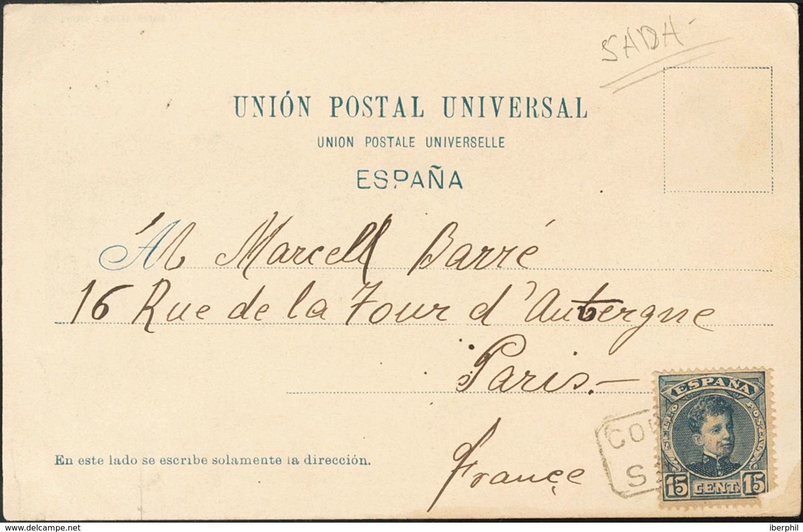 Sobre 244. 1901. 15 Cts Azul Negro (defecto En Esquina). Tarjeta Postal De SADA A PARIS (FRANCIA). Matasello CORUÑA / SA - Sonstige & Ohne Zuordnung