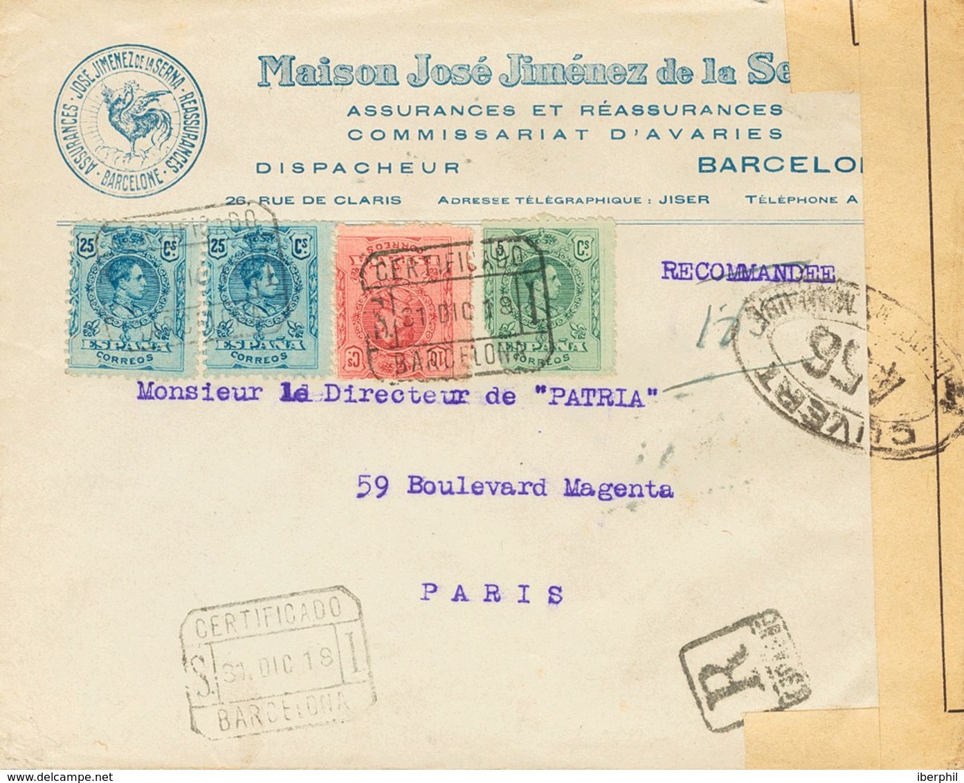Sobre 268, 269, 274(2). 1918. 5 Cts Verde, 10 Cts Rojo Y 25 Cts Azul, Pareja. Certificado De BARCELONA A PARIS. Al Dorso - Other & Unclassified