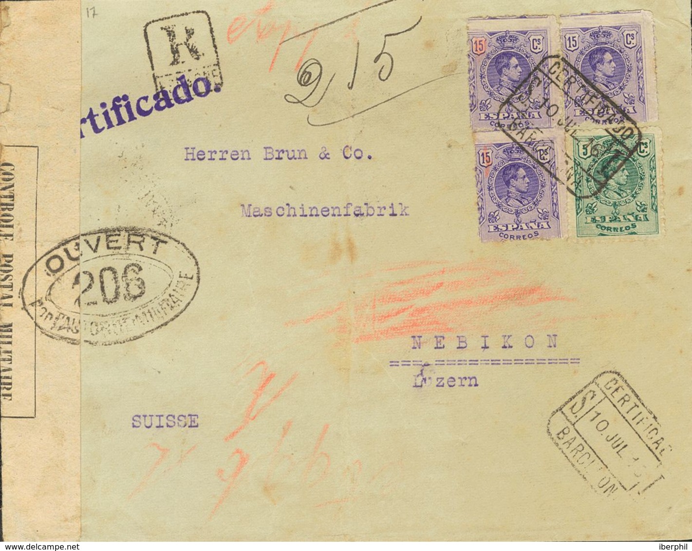Sobre 268, 270(3). 1910. 5 Cts Verde Y 15 Cts Violeta, Tres Sellos. Certificado De BARCELONA A NEBIKON (SUIZA). Llegada  - Other & Unclassified