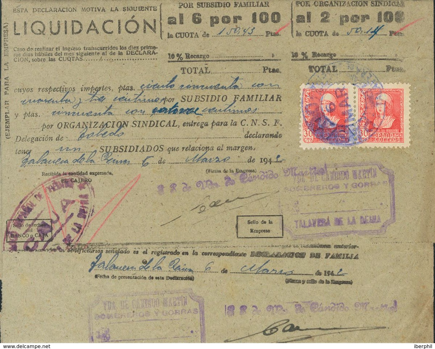 Sobre 857(2). 1942. 30 Cts Rosa, Pareja Sobre Documento De La CAJA NACIONAL DE SUBSIDIOS FAMILIARES, Fechado En Talavera - Other & Unclassified