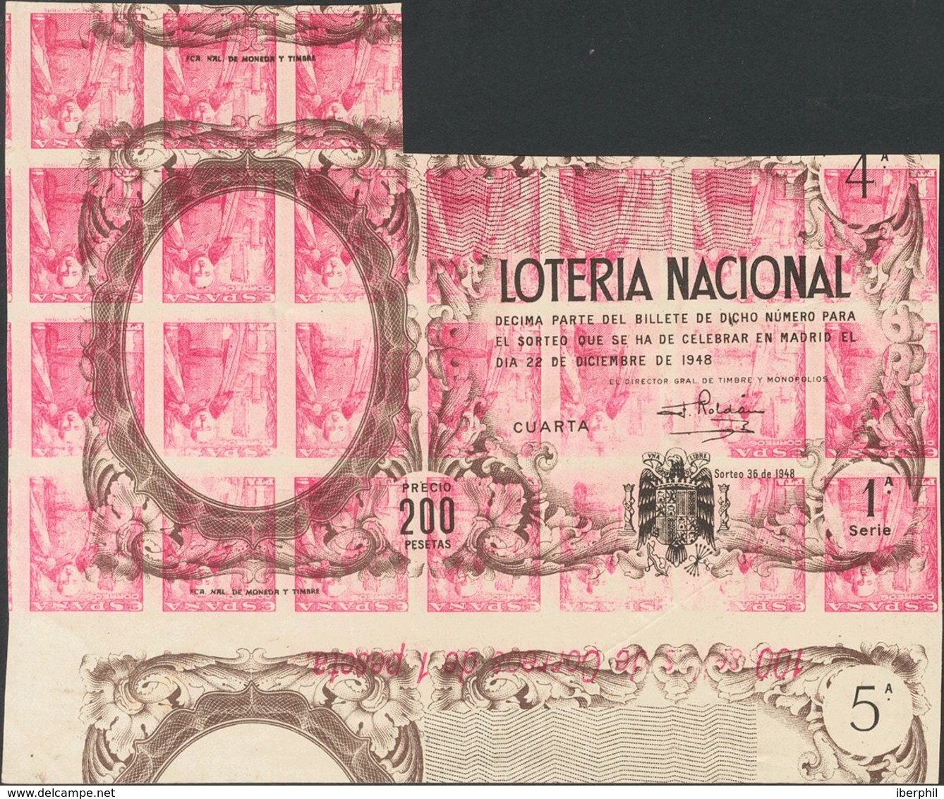 (*)1032(25). 1948. Maculatura Del 1 Pts Y 25 Cts, En Un Bloque De Veinticinco Sellos Sobre Cartulina Y En La Otra Cara E - Autres & Non Classés