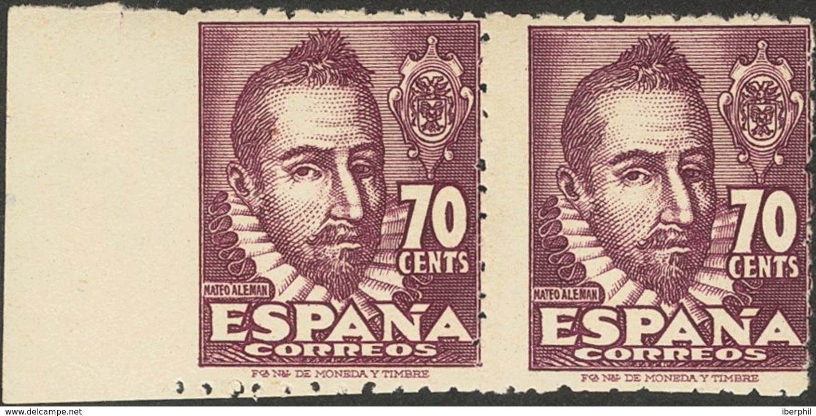 **1036smi. 1948. 70 Cts Violeta, Pareja. Un Sello SIN DENTAR EL MARGEN IZQUIERDO. MAGNIFICA. Edifil 2015: 65 Euros - Autres & Non Classés