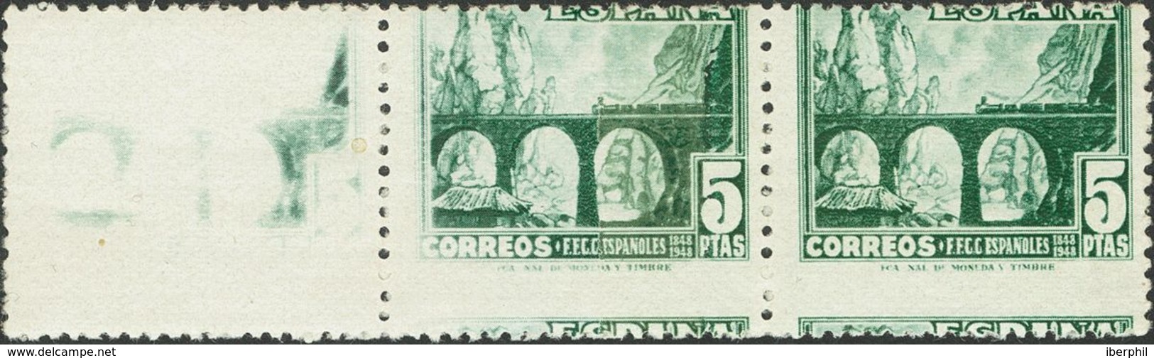 **1038dh(3). 1948. 5 Pts Verde, Tira De Tres. Un Sello IMPRESION PARCIAL Y DENTADO HORIZONTAL DESPLAZADO. MAGNIFICA Y MU - Autres & Non Classés