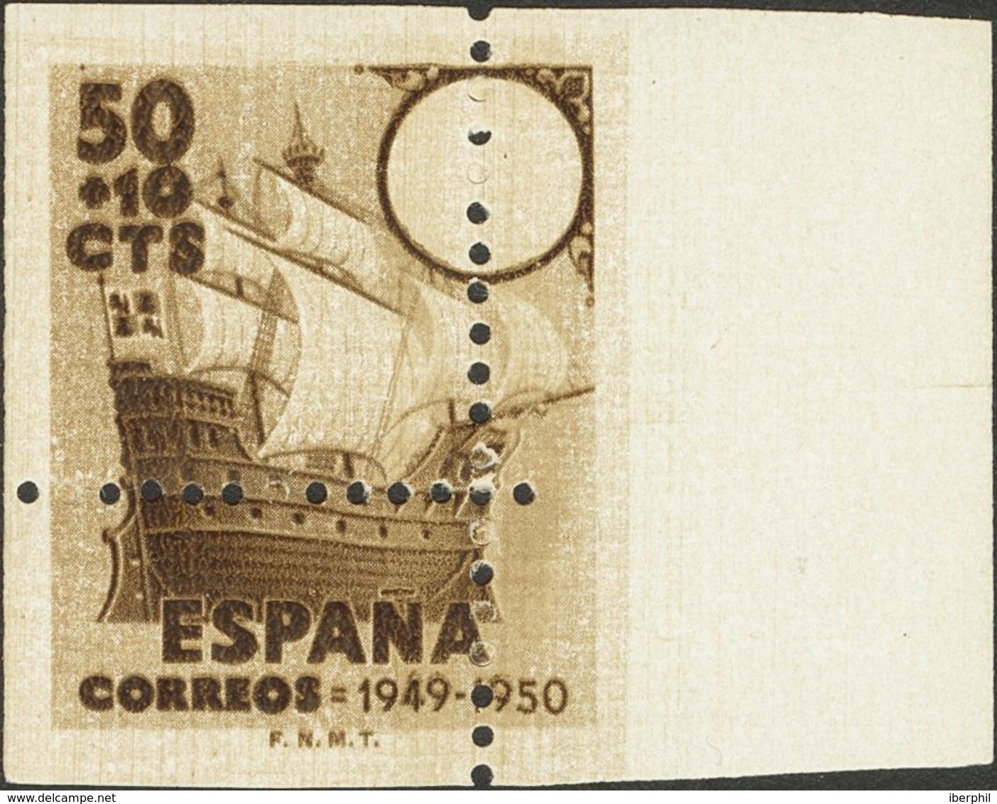 **1068epx. 1949. 50 Cts + 10 Cts Castaño. Variedad SIN CRUZ DE LORENA Y DENTADO DESPLAZADO. MAGNIFICO Y RARO. Edifil 201 - Other & Unclassified