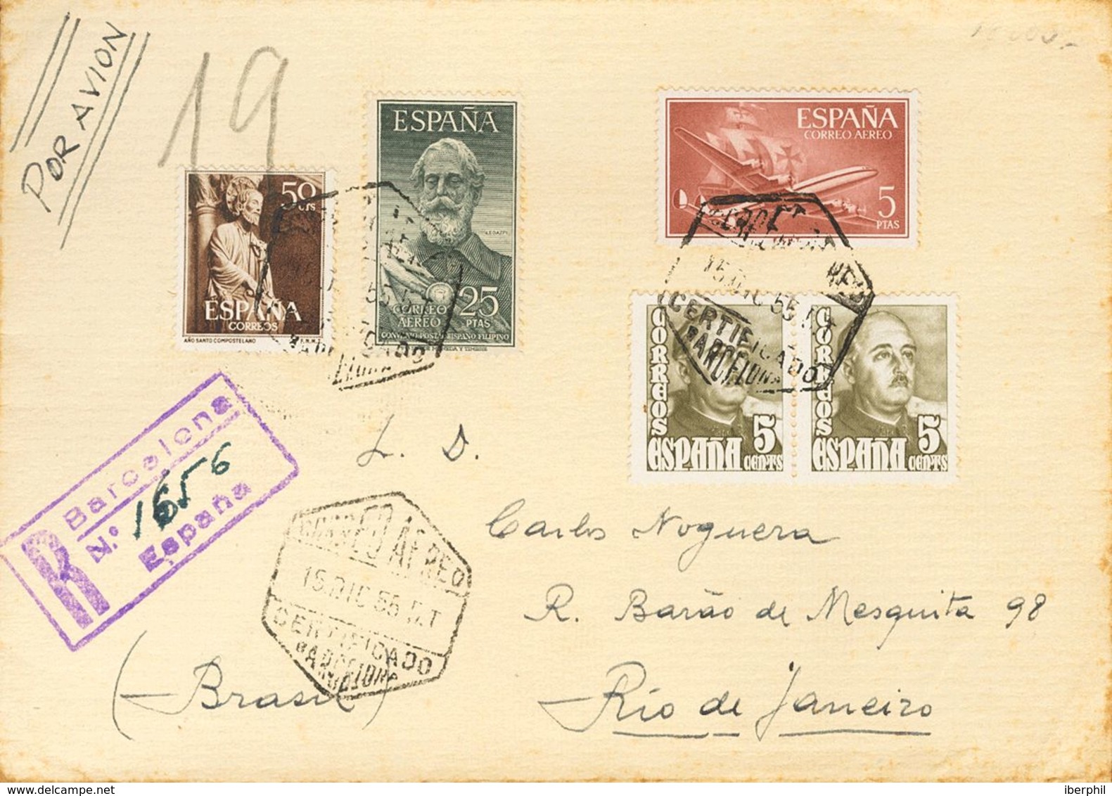 Sobre 1124. 1955. 25 Pts Verde. Correo Aéreo Y Certificado De BARCELONA A RIO DE JANEIRO (BRASIL). Al Dorso Llegada. MAG - Other & Unclassified