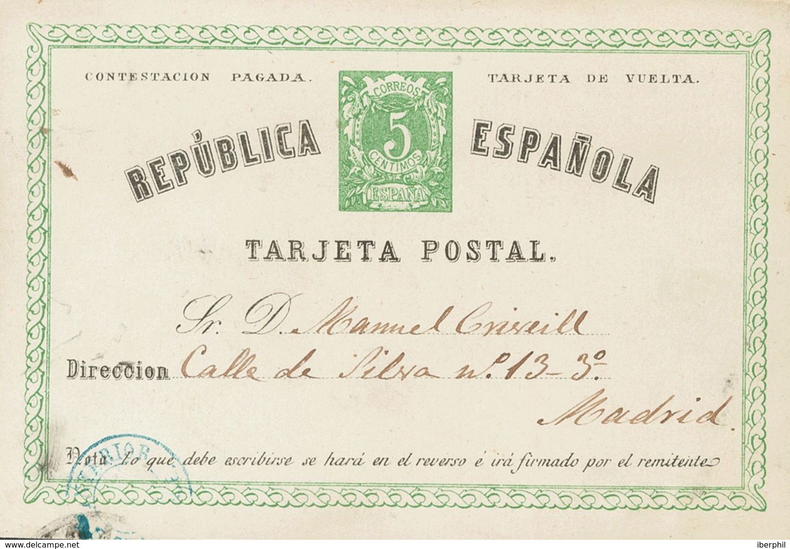 Sobre EP4v. 1874. 5 Cts Verde Sobre Tarjeta Entero Postal (vuelta) Correo Interior De MADRID. MAGNIFICA Y RARA CIRCULADA - Otros & Sin Clasificación