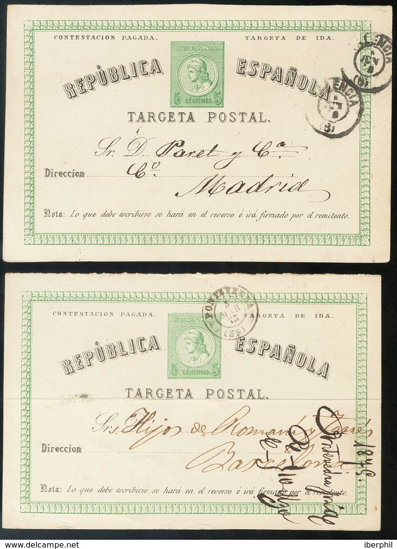 Sobre EP6Ai. 1875. 5 Cts Verde (Tipo II) Sobre Tarjeta Entero Postal (de Ida) De PONTEVEDRA A BARCELONA (doblez Horizont - Other & Unclassified