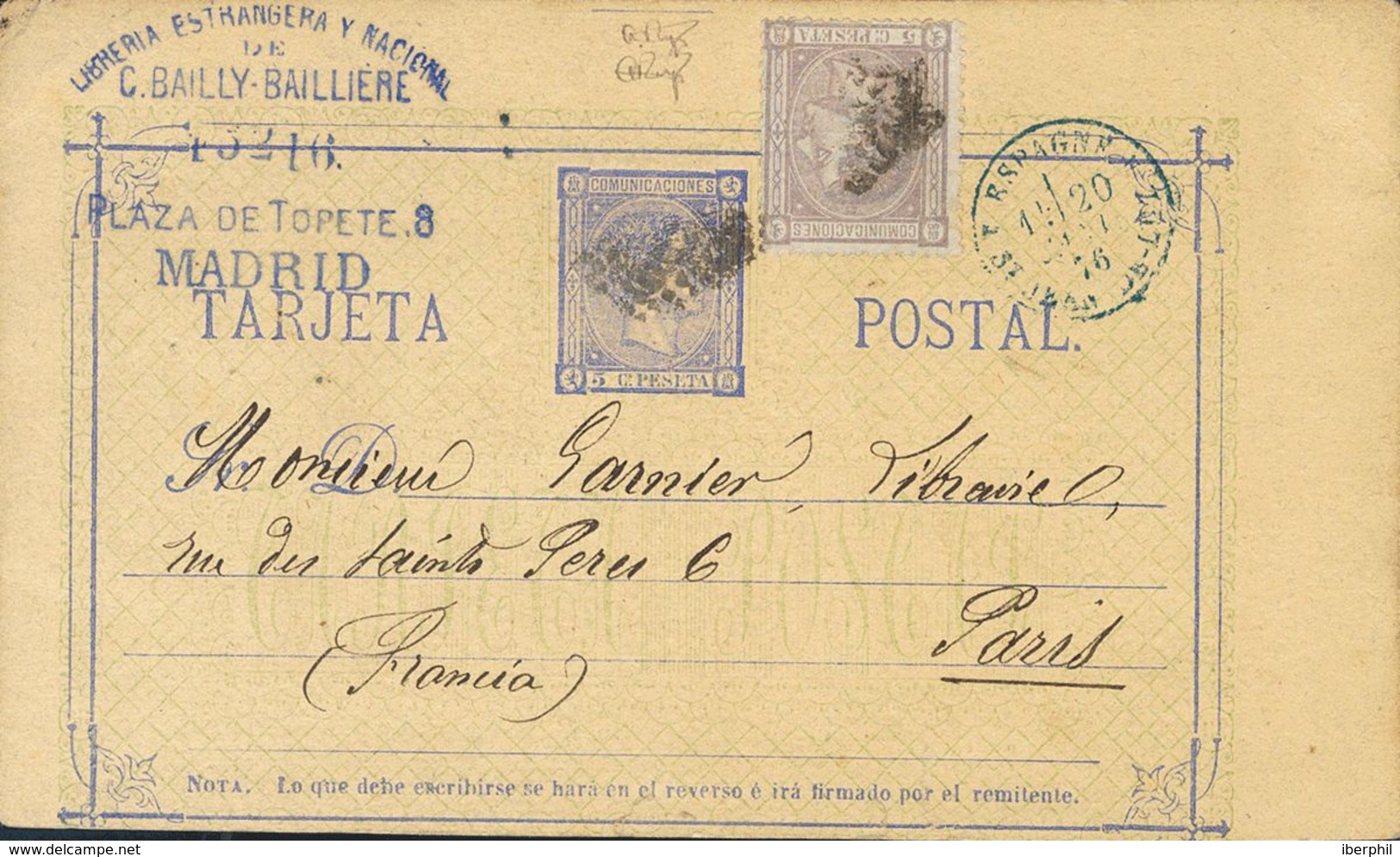 Sobre EP8, 163. 1876. 5 Cts Ultramar Sobre Tarjeta Entero Postal (recortada En La Parte Inferior) De MADRID A PARIS. Con - Other & Unclassified