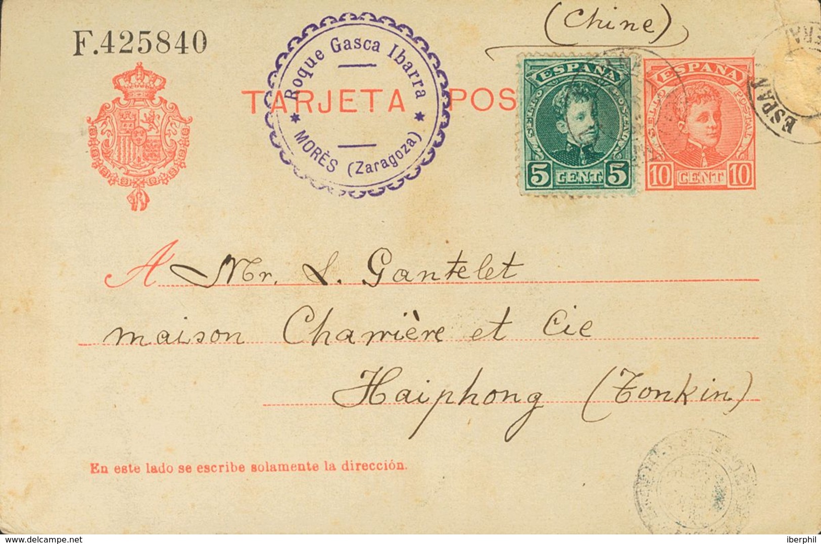 Sobre EP45. 1907. 10 Cts Sobre Tarjeta Entero Postal De MORES A HAIPONG (CHINA), Con Franqueo Complementario De 5 Cts Ve - Autres & Non Classés