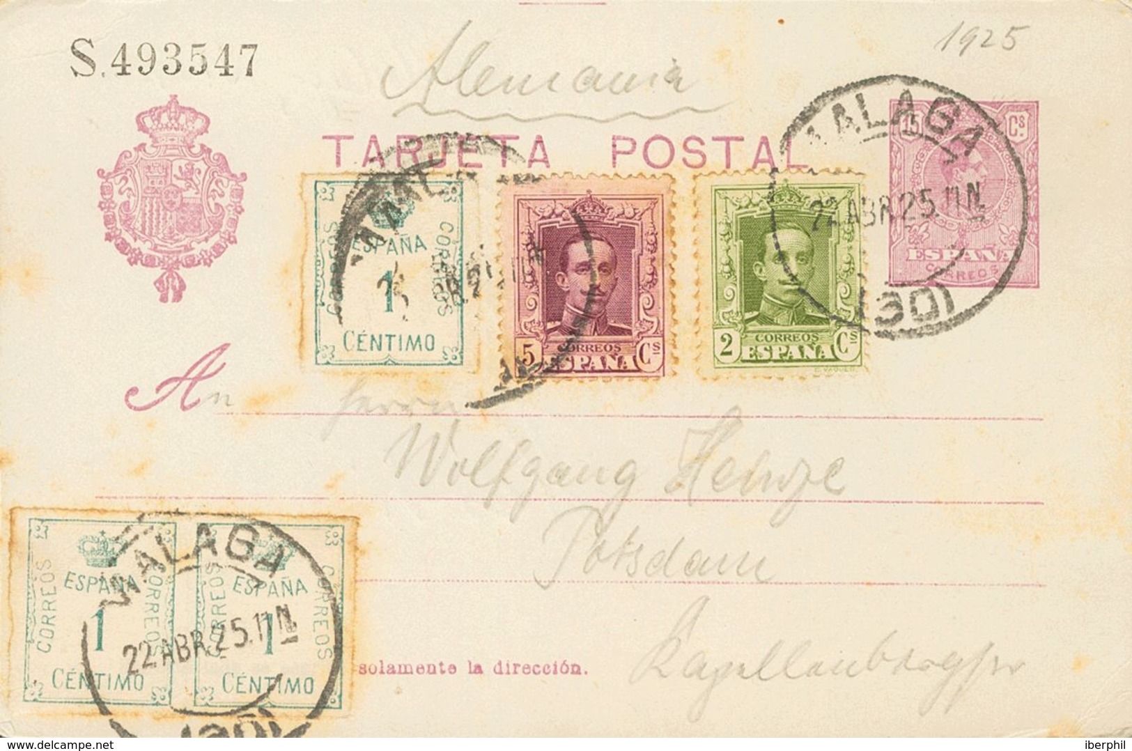 Sobre EP50, 310, 311, 291(3). 1925. 15 Cts Violeta Sobre Tarjeta Entero Postal De MALAGA A POSTDAM (ALEMANIA) Con Franqu - Otros & Sin Clasificación