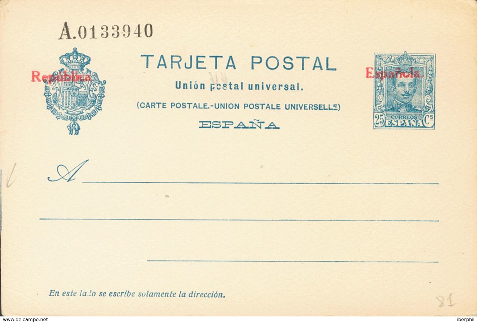 (*)EP63. 1931. 25 Cts Azul Sobre Tarjeta Entero Postal. MAGNIFICA. Edifil 2018: 89 Euros - Altri & Non Classificati