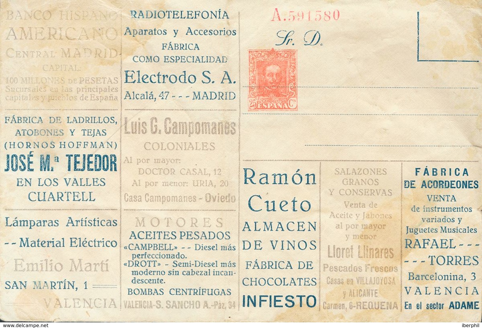 (*). (1925ca). 25 Cts Rojo Rosa Sobre Entero Postal "Anunciador" (manchas De Humedad). BONITO Y RARISIMO, NO RESEÑADO. - Other & Unclassified