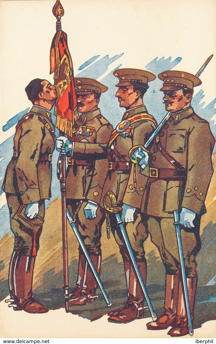 (*). (1937ca). Tarjeta Postal Ilustrada LOS SALVADORES DE ESPAÑA-EL SOLDADO BESA LA BANDERA (Uriarte-Zaragoza). MAGNIFIC - Other & Unclassified