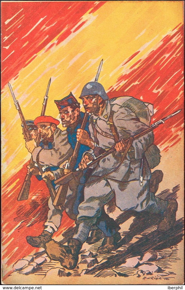 (*). (1937ca). Tarjeta Postal Ilustrada LOS SALVADORES DE ESPAÑA EJERCITO Y MILICIAS (Uriarte-Zaragoza). MAGNIFICA. - Other & Unclassified