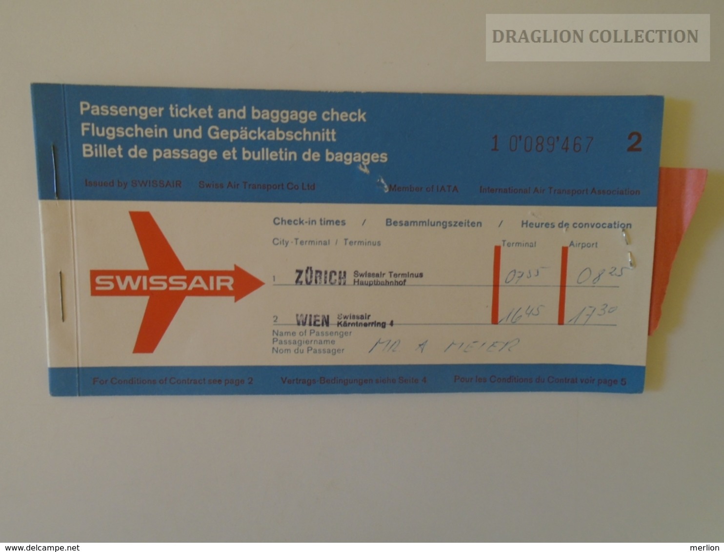 ZA140.4 SUISSE / SCHWEIZ / SWITZERLAND // SWISSAIR, 1960, Passenger Ticket, ZÜRICH - WIEN - Europe