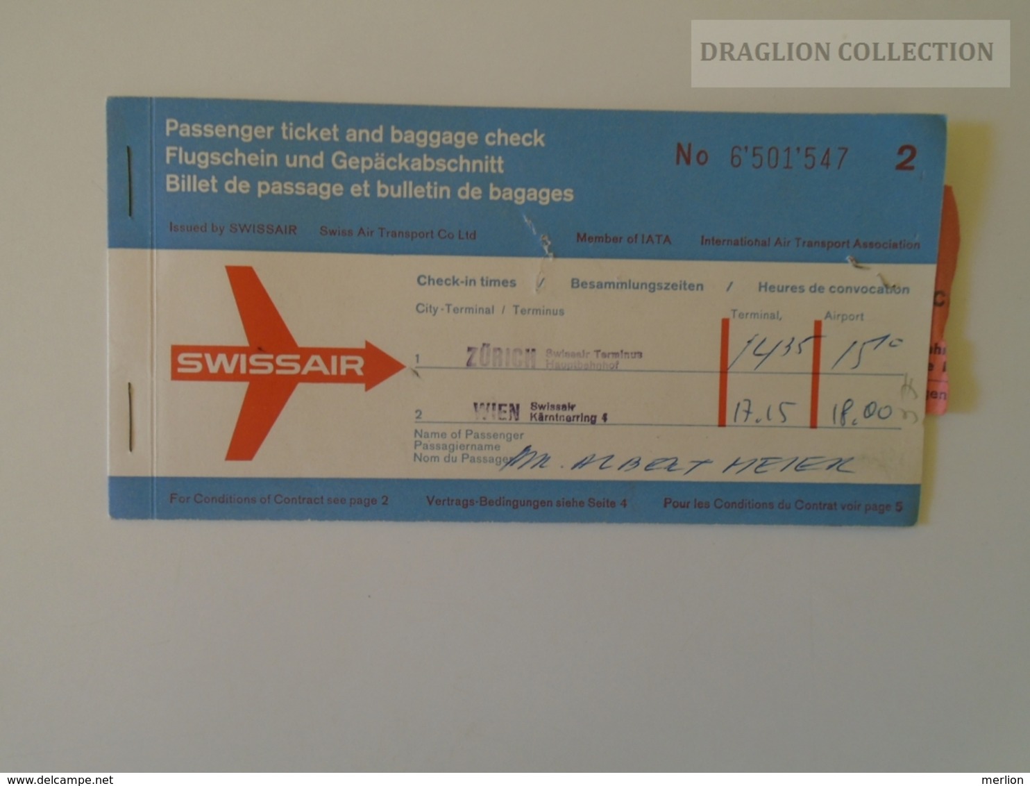 ZA140.5 SUISSE / SCHWEIZ / SWITZERLAND // SWISSAIR, 1959, Passenger Ticket, ZÜRICH - WIEN - Europe