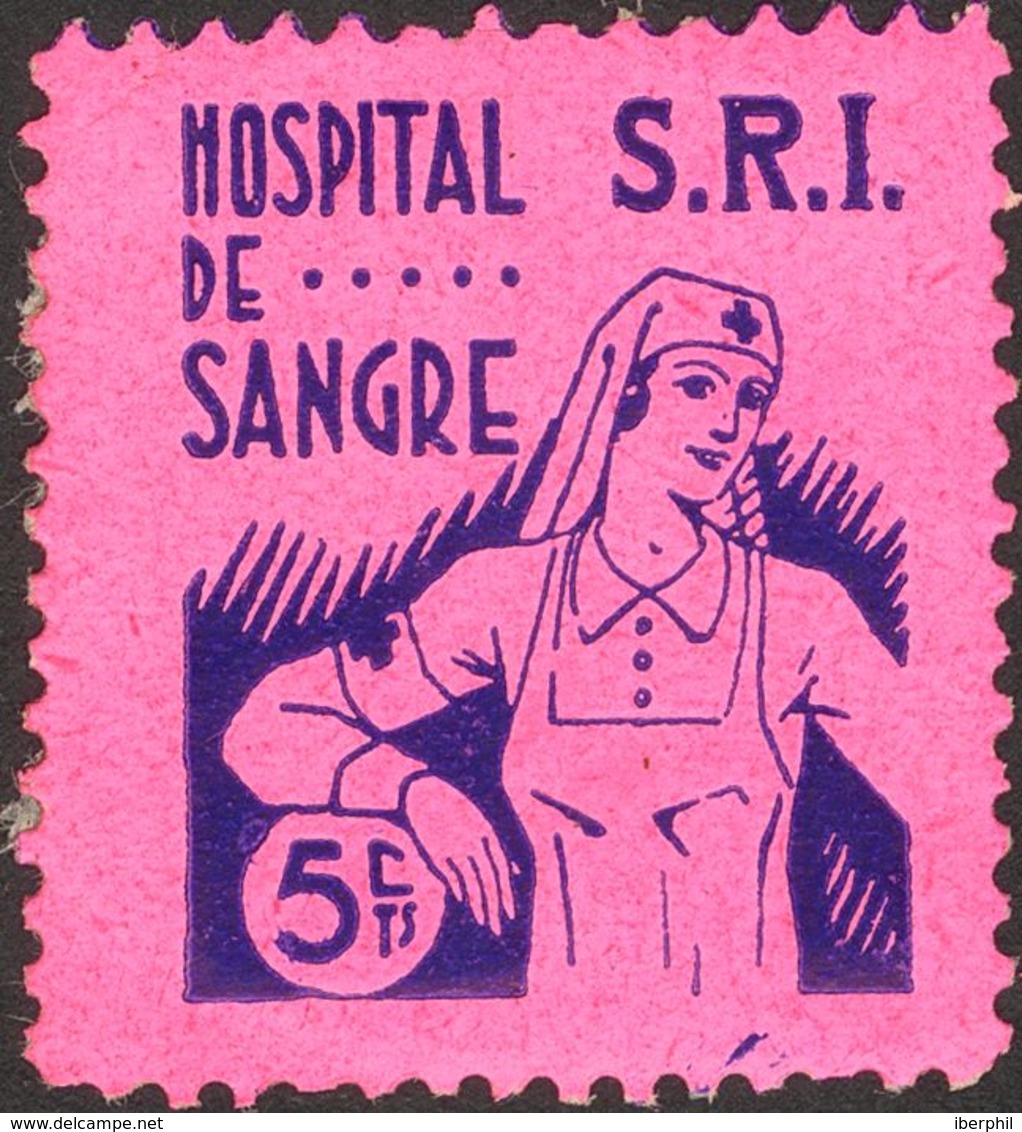 (*). 1937. 5 Cts Azul Sobre Rosa (adelgazado). S.R.I. HOSPITAL DE SANGRE. BONITA Y RARA. (Guillamón 1551) - Sonstige & Ohne Zuordnung