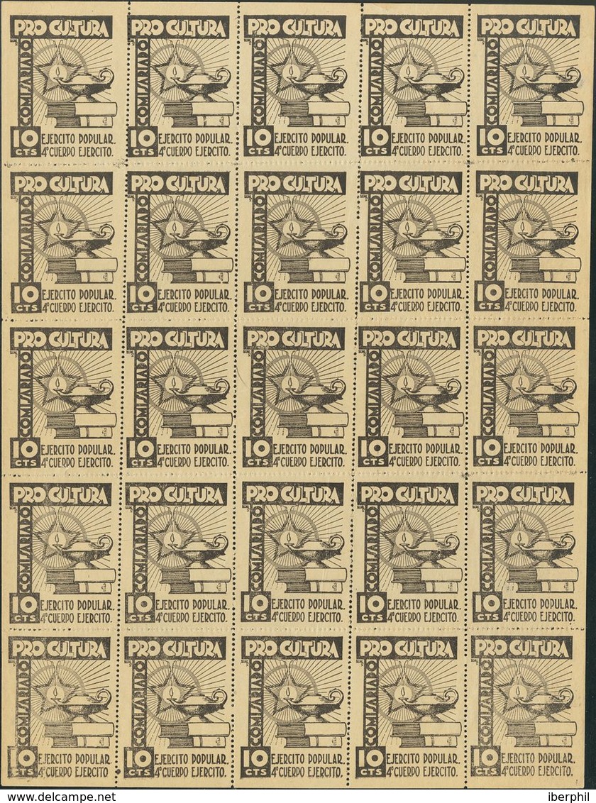 (*). 1937. 10 Cts Negro Grisaceo PRO CULTURA, COMISARIADO, Hoja Completa De Veinticinco. MAGNIFICA Y RARISIMO PLIEGO COM - Other & Unclassified