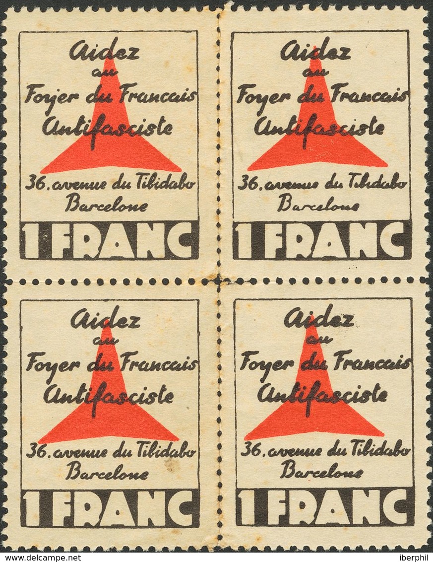 *. 1937. 1 Franco Negro Y Rojo, Bloque De Cuatro. AIDEZ AU FOYER FRANÇAIS ANTIFASCISTE. MAGNIFICO Y RARO, NO CATALOGADO  - Otros & Sin Clasificación