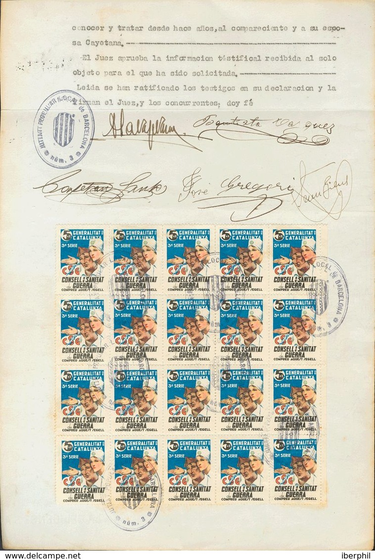 º. 1937. 5 Cts Multicolor C.S.G., Bloque De Veinte, Sobre Documento Testifical Del Juzgado Nº3 De Barcelona. MAGNIFICO Y - Autres & Non Classés