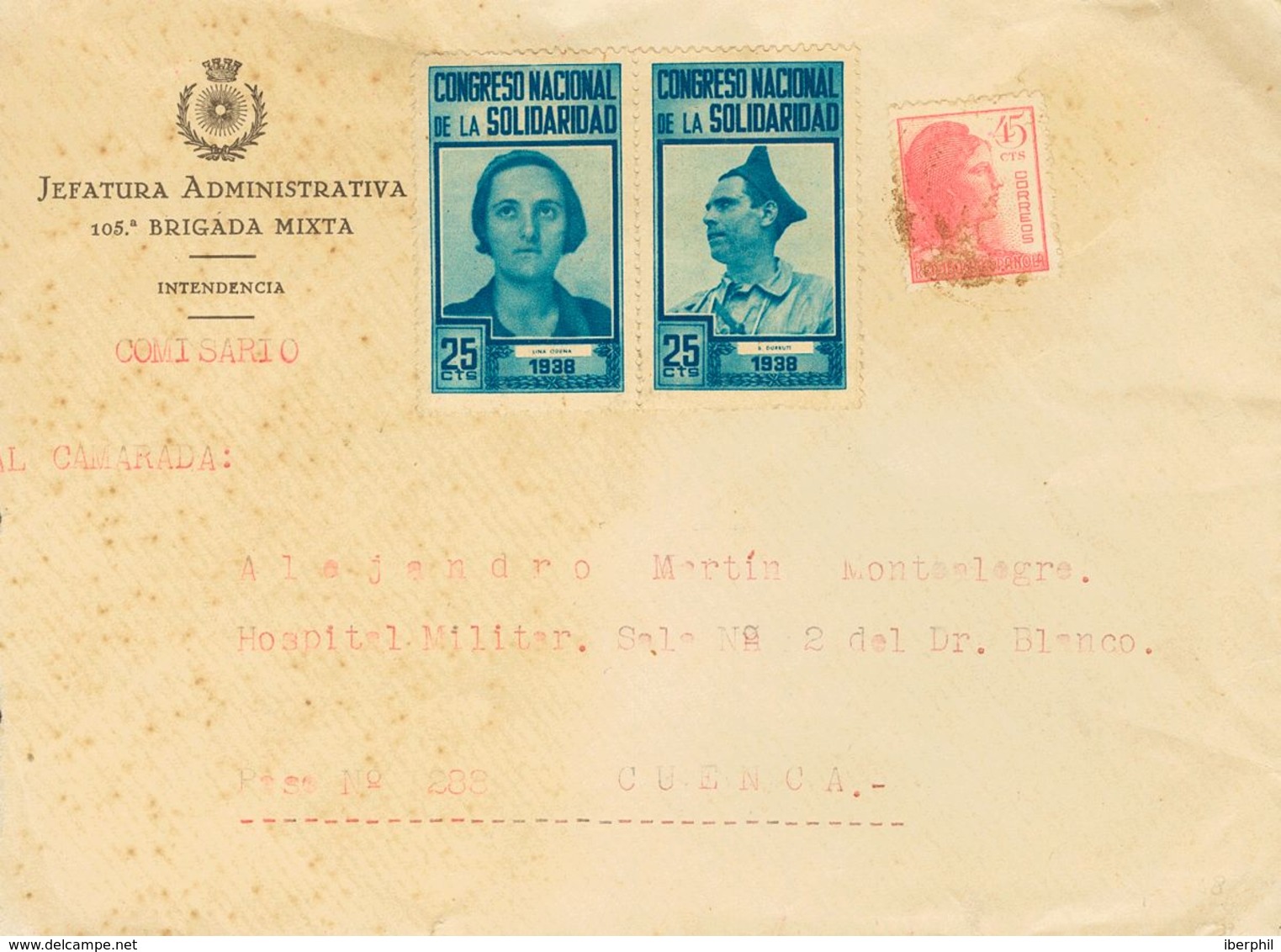 Sobre . 1938. 25 Cts Azul, Dos Sellos (Odena Y Durruti, Sin Matasellar) CONGRESO NACIONAL DE LA SOLIDARIDAD. Dirigida A  - Sonstige & Ohne Zuordnung