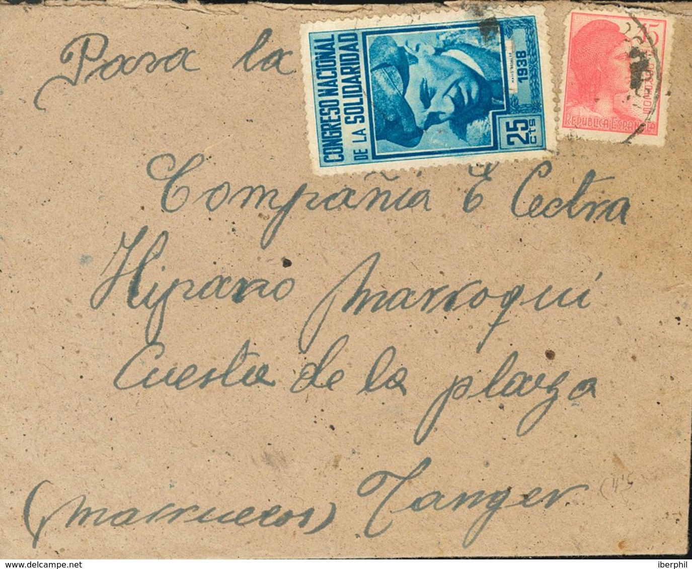 Sobre . (1938ca). 25 Cts Azul (Seimler) CONGRESO NACIONAL DE LA SOLIDARIDAD. Dirigida A TANGER. MAGNIFICA. (Guillamón 24 - Autres & Non Classés