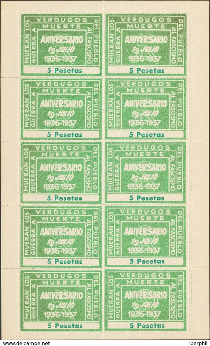 *. 1937. 5 Pts Verde, Minihoja De Diez Viñetas. MUERAN LOS VERDUGOS DEL PUEBLO. MAGNIFICA Y MUY RARA, NO CATALOGADA EN G - Sonstige & Ohne Zuordnung
