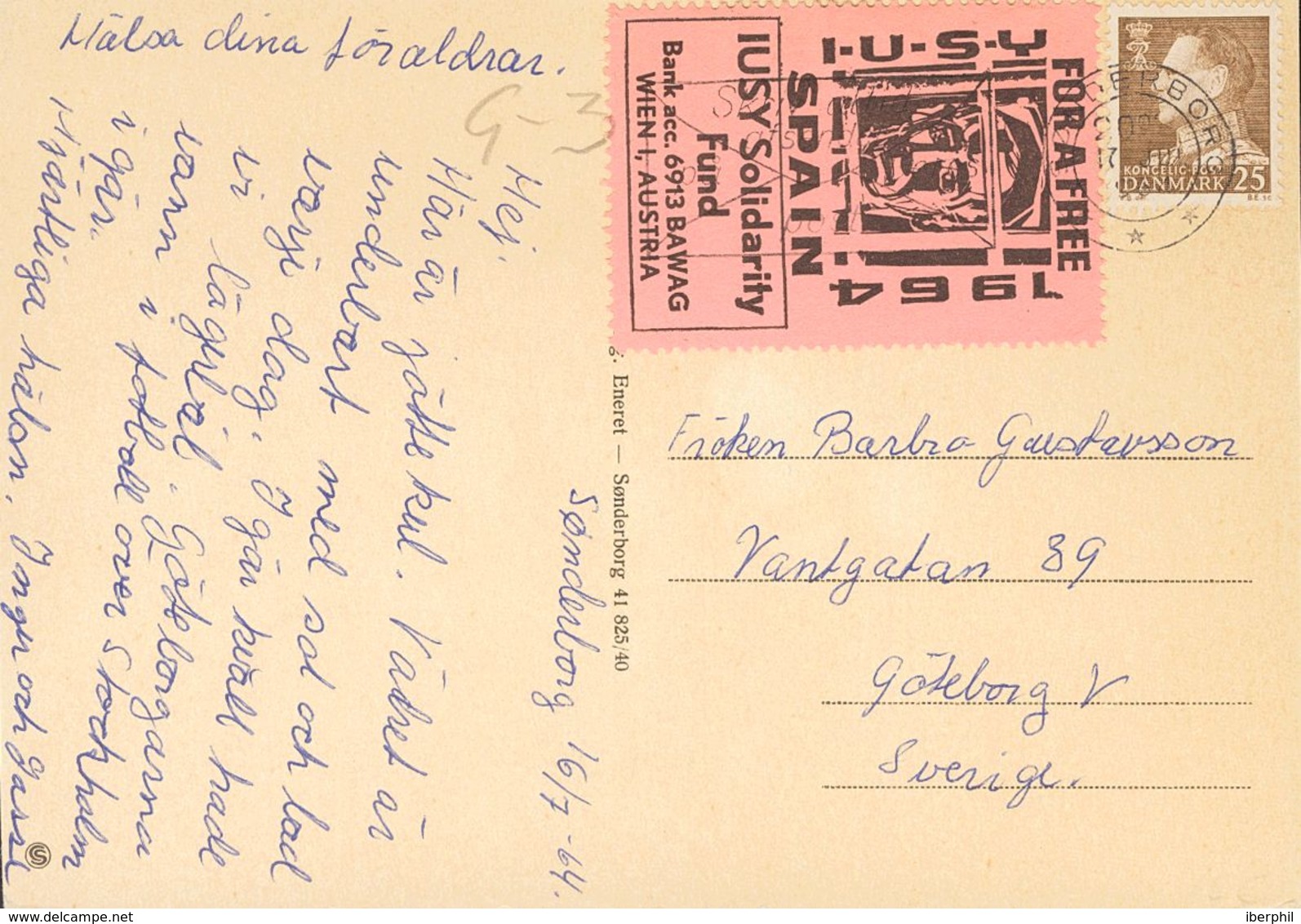 Sobre . 1964. Sin Valor, Negro Sobre Rosa I.U.S.Y. FOR A FREE 1964 SPAIN. Tarjeta Postal De SONDERBORG A GOTEBORG. MAGNI - Autres & Non Classés