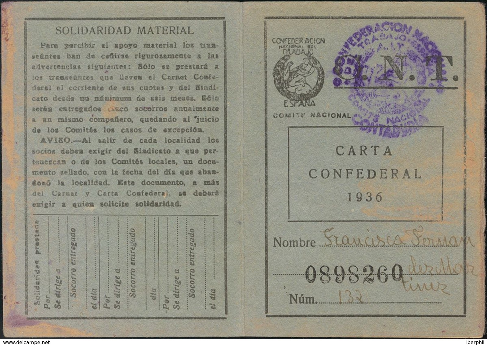 (*). (1937ca). Carta Confederal De Valencia, Con Las Hojas De Cotización Sin Los Correspondientes Sellos. MAGNIFICA E IN - Otros & Sin Clasificación