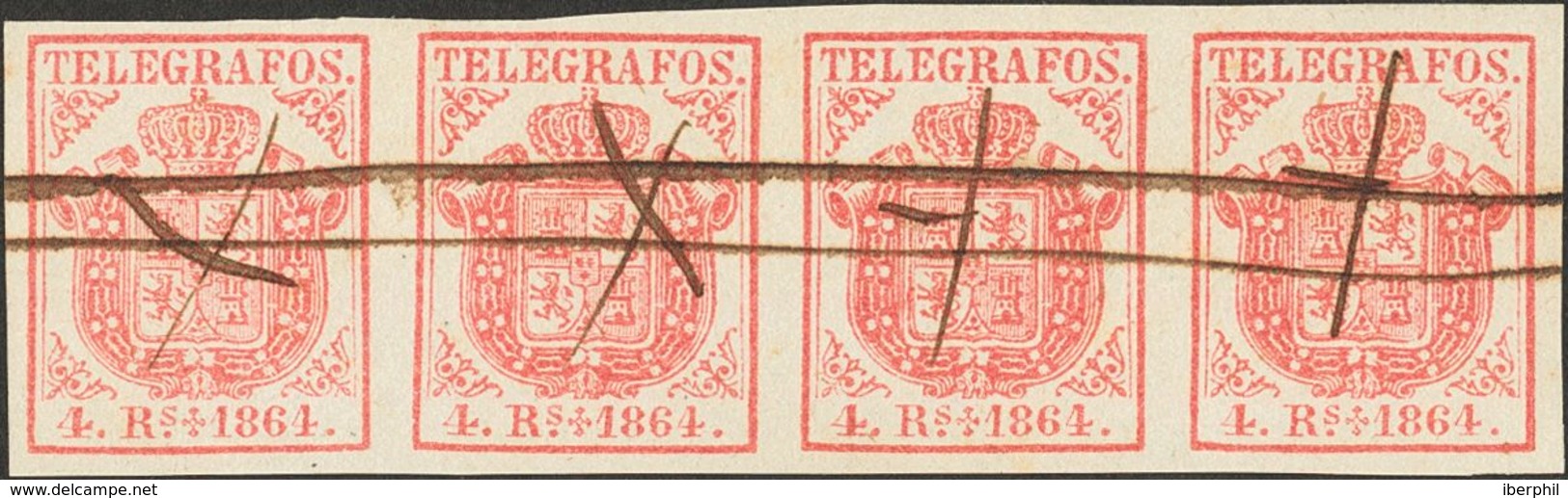 2(4). 1864. 4 Reales Rosa, Tira De Cuatro. Anulación "a Pluma". MAGNIFICA Y RARA. Edifil 2017: +288 Euros - Autres & Non Classés