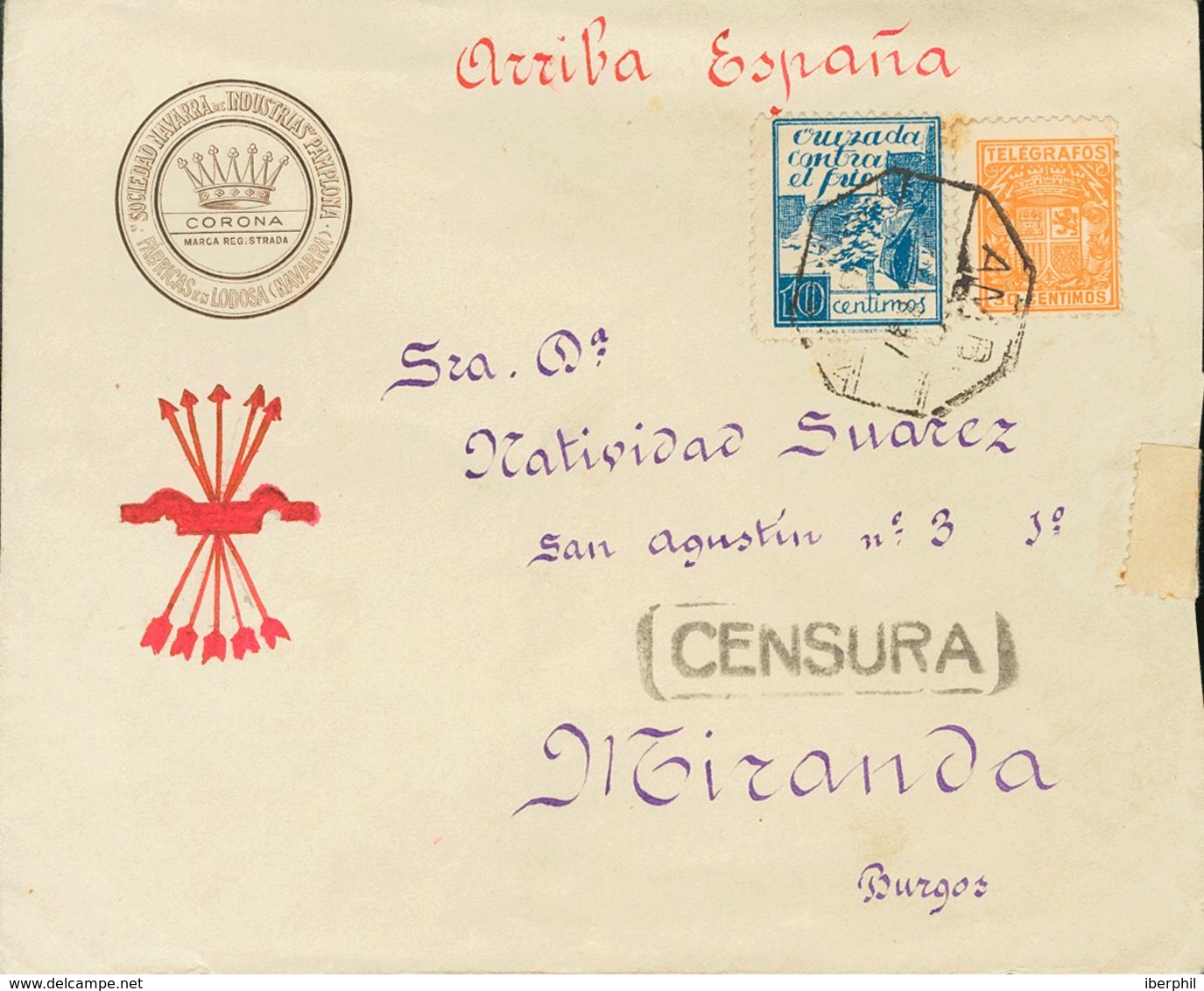 Sobre 71. 1937. 30 Cts Naranja Telégrafos Y 10 Cts Azul De Cruzada Contra El Frío. LODOSA A MIRANDA DE EBRO. Al Dorso Ll - Otros & Sin Clasificación