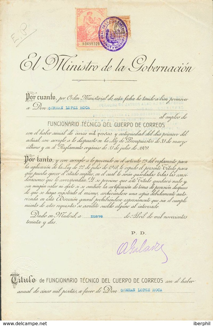 Sobre B11. 1932. 1 Pts Castaño Y Fiscal De 12 Pts (4ª Clase) Sobre Documento De Nombramiento De Funcionario Técnico Del  - Other & Unclassified