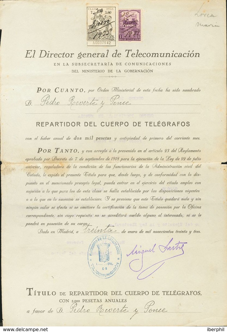 Sobre 12db. 1933. 1 Pts Lila (dentado 11 ½) Y Fiscal De 3 Pts Negro (clase 7ª) Sobre Documento De Nombramiento De Repart - Otros & Sin Clasificación