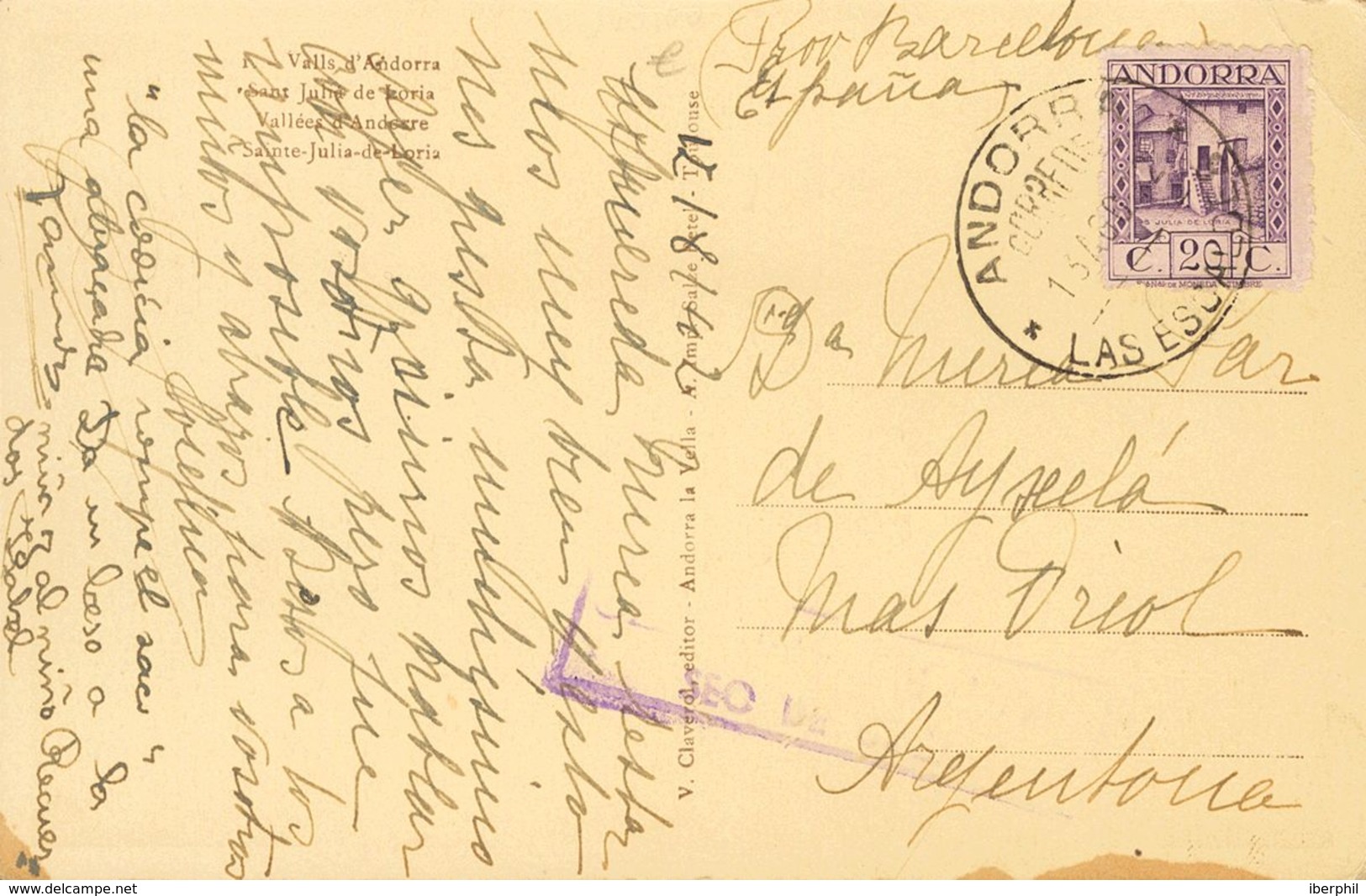 Sobre 34. 1942. 20 Cts Violeta. Tarjeta Postal De LAS ESCALDAS A ARGENTONA (BARCELONA). MAGNIFICA. - Other & Unclassified