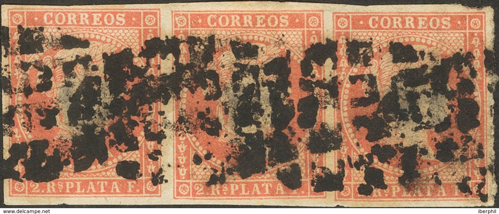 º5(3). 1855. Y¼ Real Sobre 2 Reales Rojo Naranja, Tira De Tres. Sobrecarga Eliminada En Su época Para Defraudar Al Corre - Autres & Non Classés