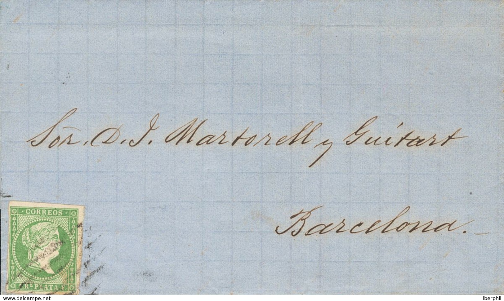 Sobre Ant. 8. 1862. 1 Real Verde. CAMPECHE A BARCELONA. Matasello PARRILLA, Aplicada En Tránsito Por La Habana, Después  - Autres & Non Classés