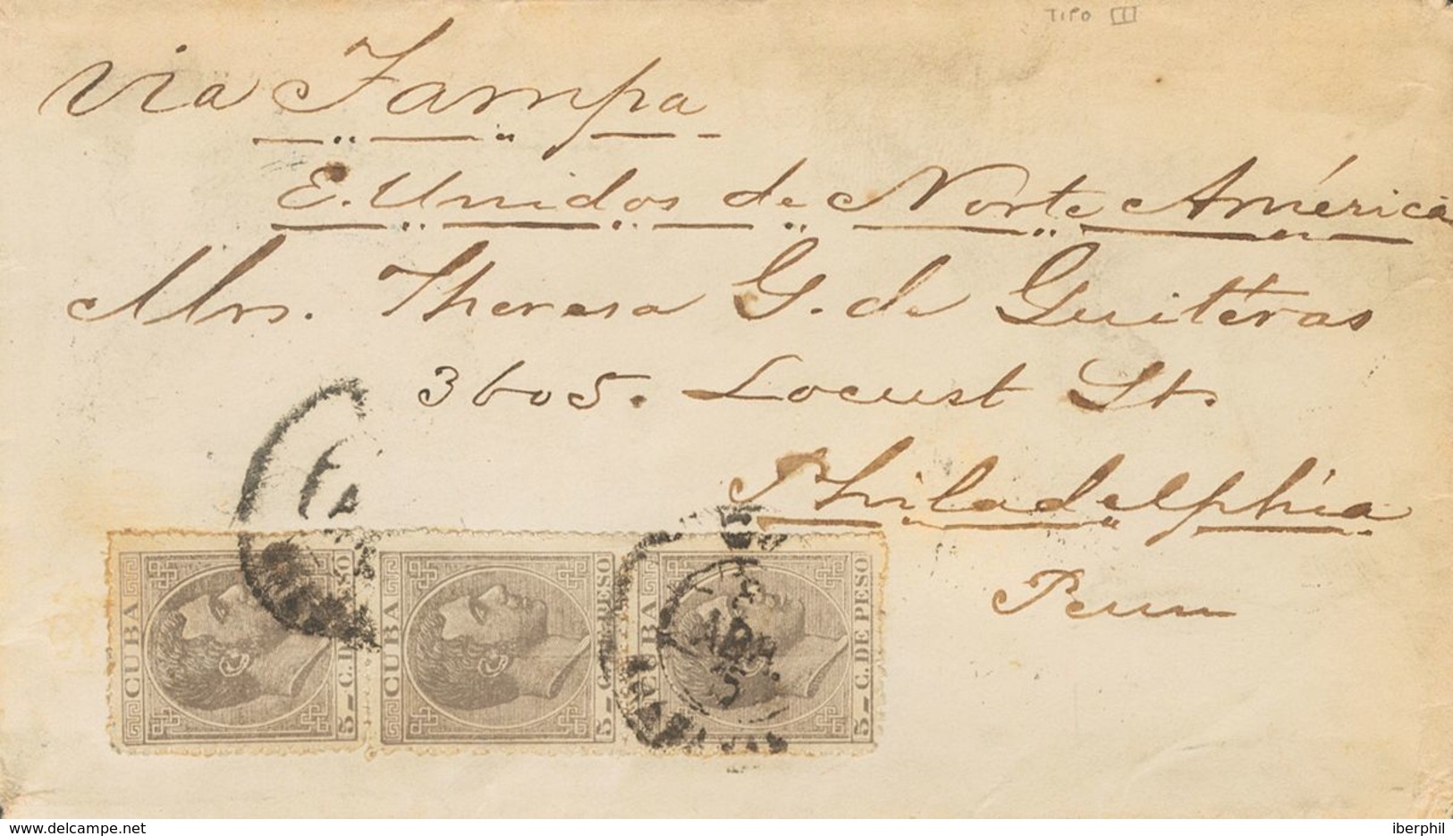 Sobre 101(3). 1887. 5 Cts Gris, Tres Sellos. LA HABANA A PHILADELPHIA (U.S.A.). Al Dorso Tránsito Y Llegada. MAGNIFICA Y - Sonstige & Ohne Zuordnung