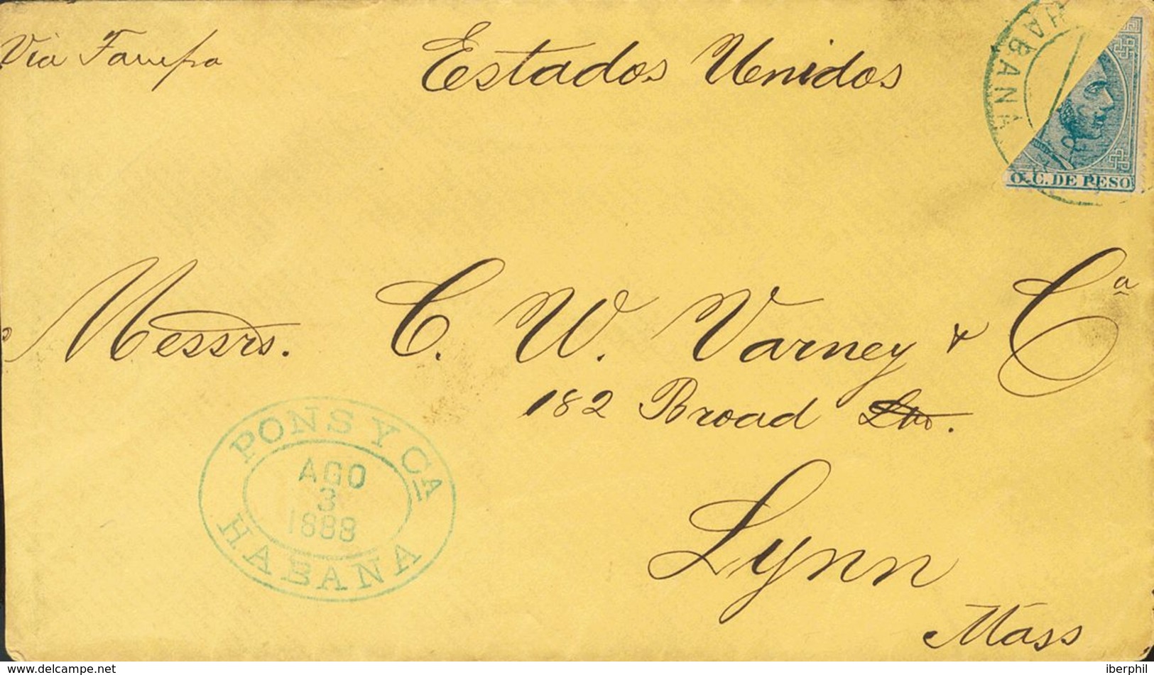 Sobre 103f. 1888. 10 Cts Azul BISECTADO. LA HABANA A LYNN (U.S.A.). Matasello CORREOS / HABANA, En Azul Y Al Dorso Tráns - Autres & Non Classés