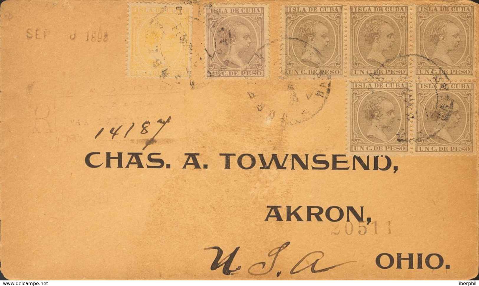 Sobre 124(5), 126, 138. 1898. 2½ Cts Amarillo, 2½ Cts Violeta Y 1 Cts Oliva, Bloque De Cinco. Certificado De HABANA A OH - Other & Unclassified