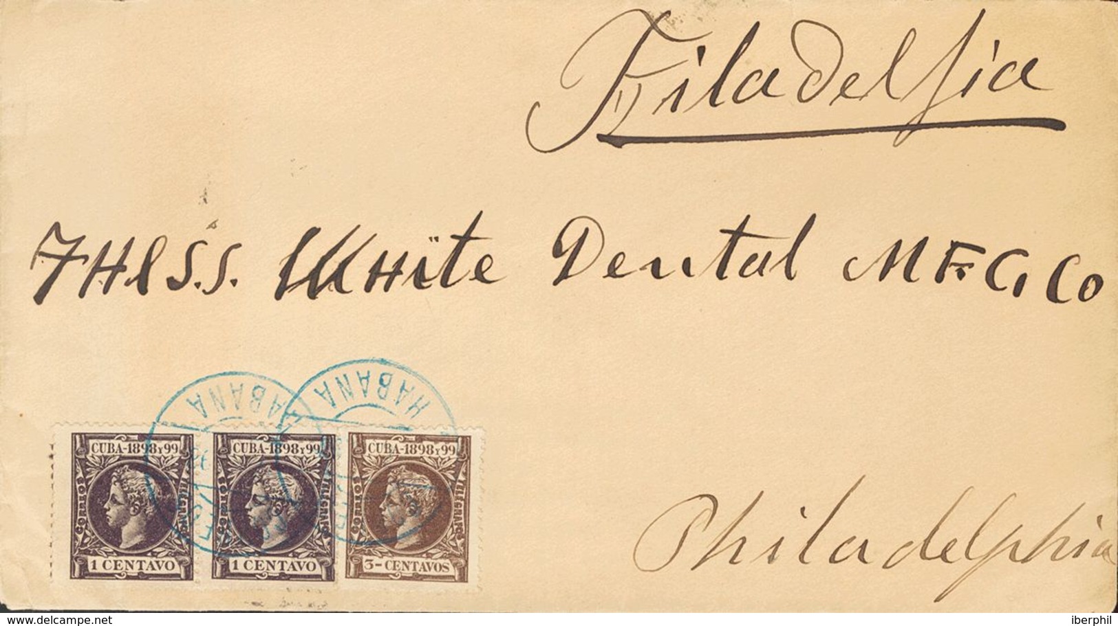 Sobre 159(2), 161. 1898. 1 Ctvo Violeta Negro, Dos Sellos Y 3 Ctvos Castaño. LA HABANA A PHILADELPHIA (U.S.A.). Matasell - Otros & Sin Clasificación