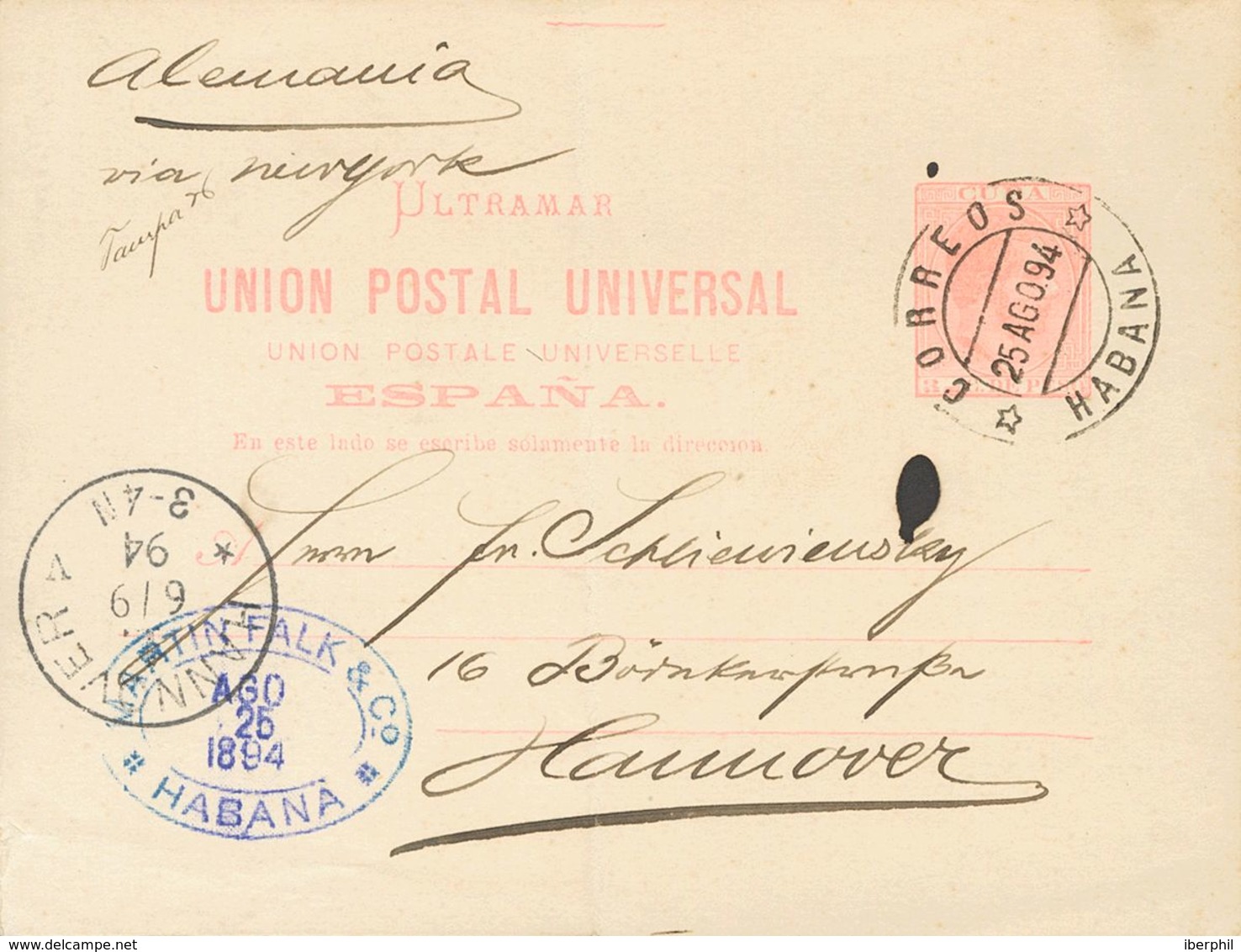 Sobre EP12. 1894. 3 Ctvos Rosa Sobre Tarjeta Entero Postal De LA HABANA A HANNOVER (ALEMANIA) (leve Pliegue Vertical). M - Other & Unclassified