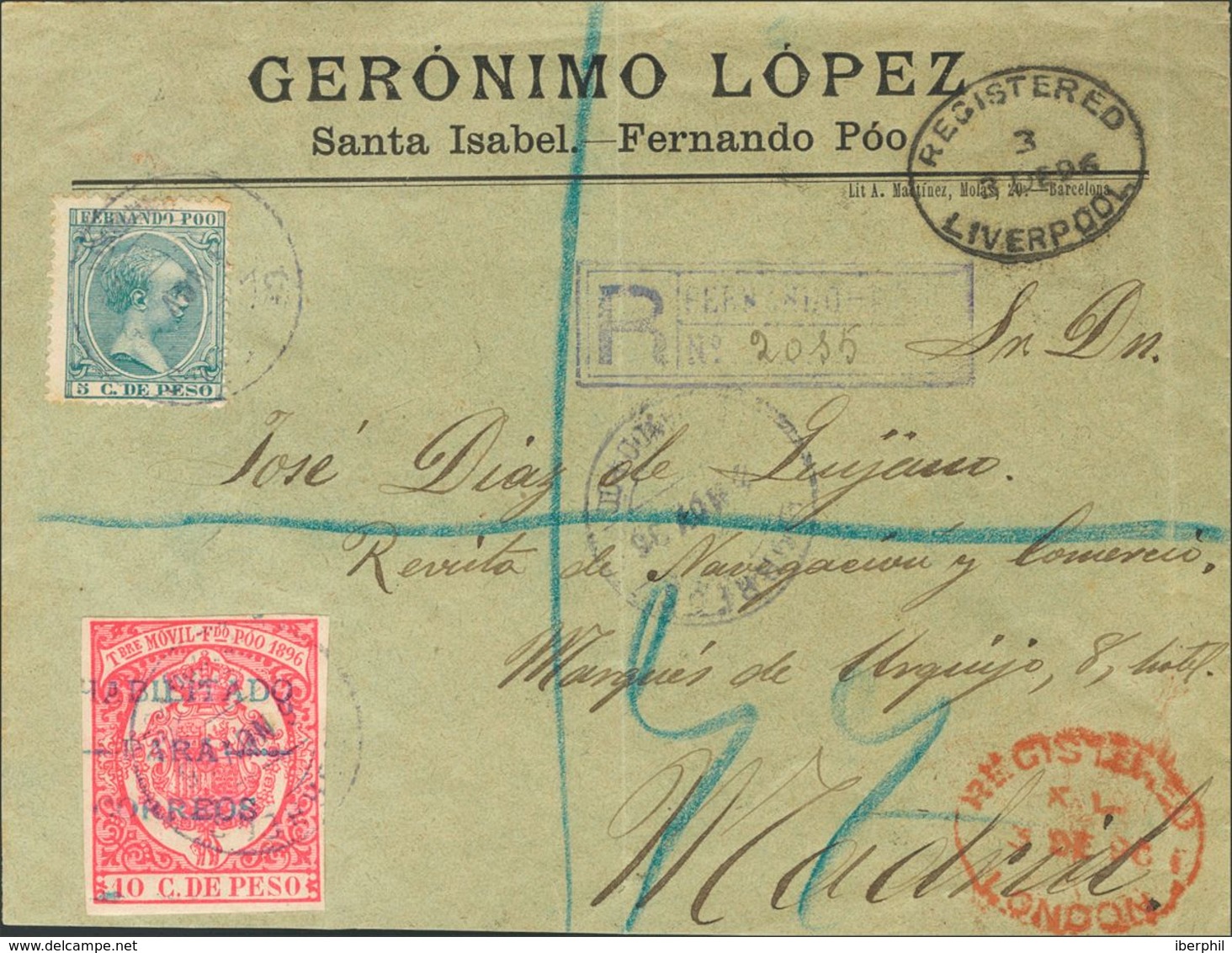 Sobre 14, 41B. 1896. 5 Ctvos Azul Verdoso Y 10 Ctvos Rosa. Certificado De SANTA ISABEL (FERNANDO POO) A MADRID, Circulad - Sonstige & Ohne Zuordnung