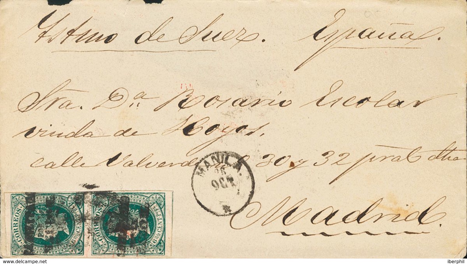 Sobre 20N(2). 1866. 6 2/8 De Peso Azul Sobre Rosa HABILITADO POR LA NACION. MANILA A MADRID. MAGNIFICA. - Sonstige & Ohne Zuordnung