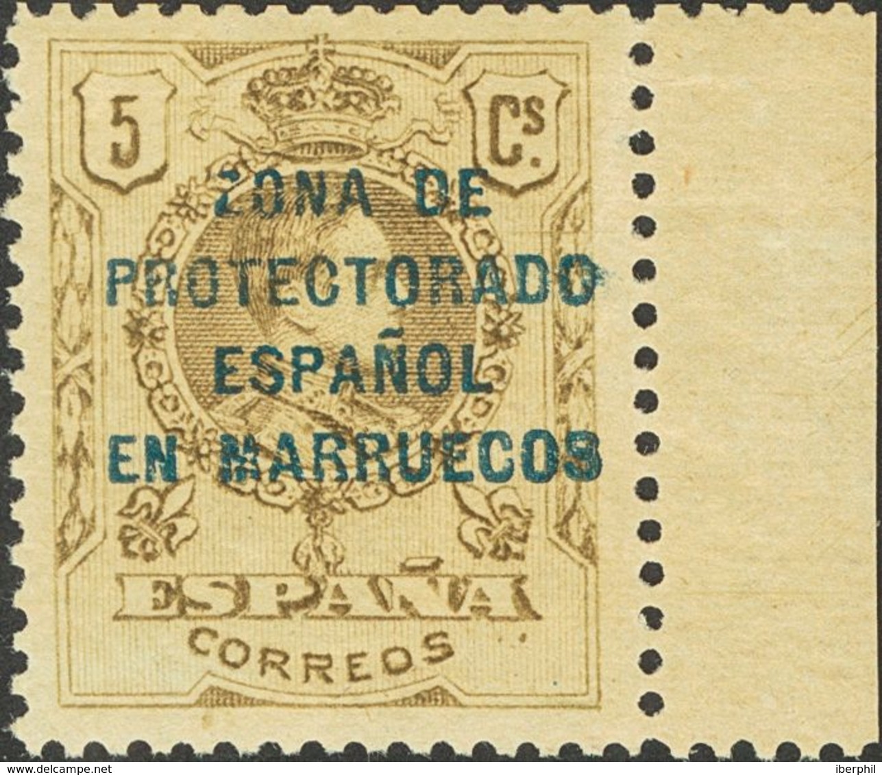 **59ec. 1916. 5 Cts Castaño, Borde De Hoja. CAMBIO DE COLOR EN LA SOBRECARGA, En Azul. MAGNIFICO Y RARO. Cert. CEM. Edif - Other & Unclassified