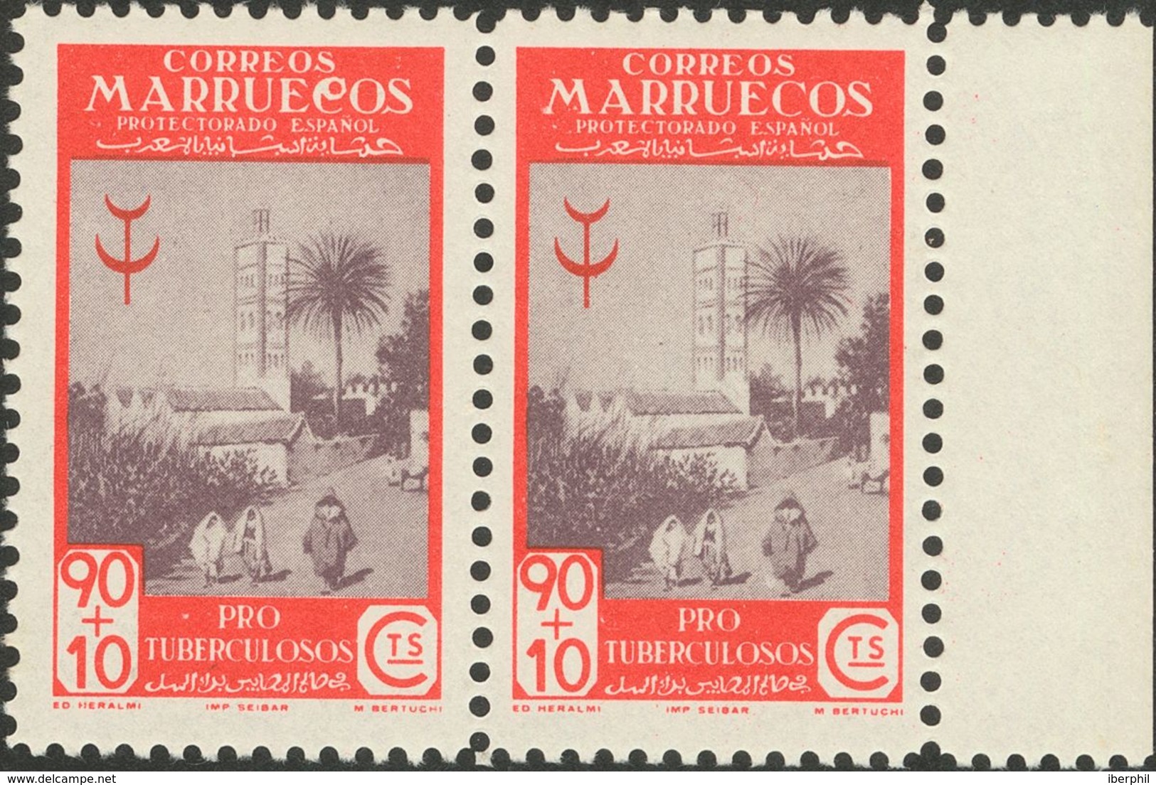 **271it, 274it. 1946. 25 Cts Sepia Y Rojo Y 90 Cts+10 Cts Carmín Y Gris, En Pareja. Un Sello Variedad MANCHA EN LA "C" D - Altri & Non Classificati